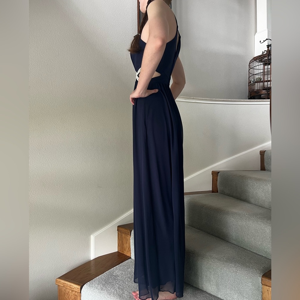 CLEARANCE Women’s Size 3 Navy Blue Full Length Cut Out Prom Dress W Faux Pearls - Picture 4 of 15